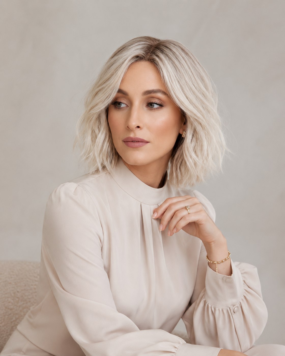 Woman modeling a rooted platinum blonde sheitel with a soft, wavy lob length