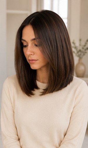 Woman modeling a sleek espresso lob sheitel with a polished finish