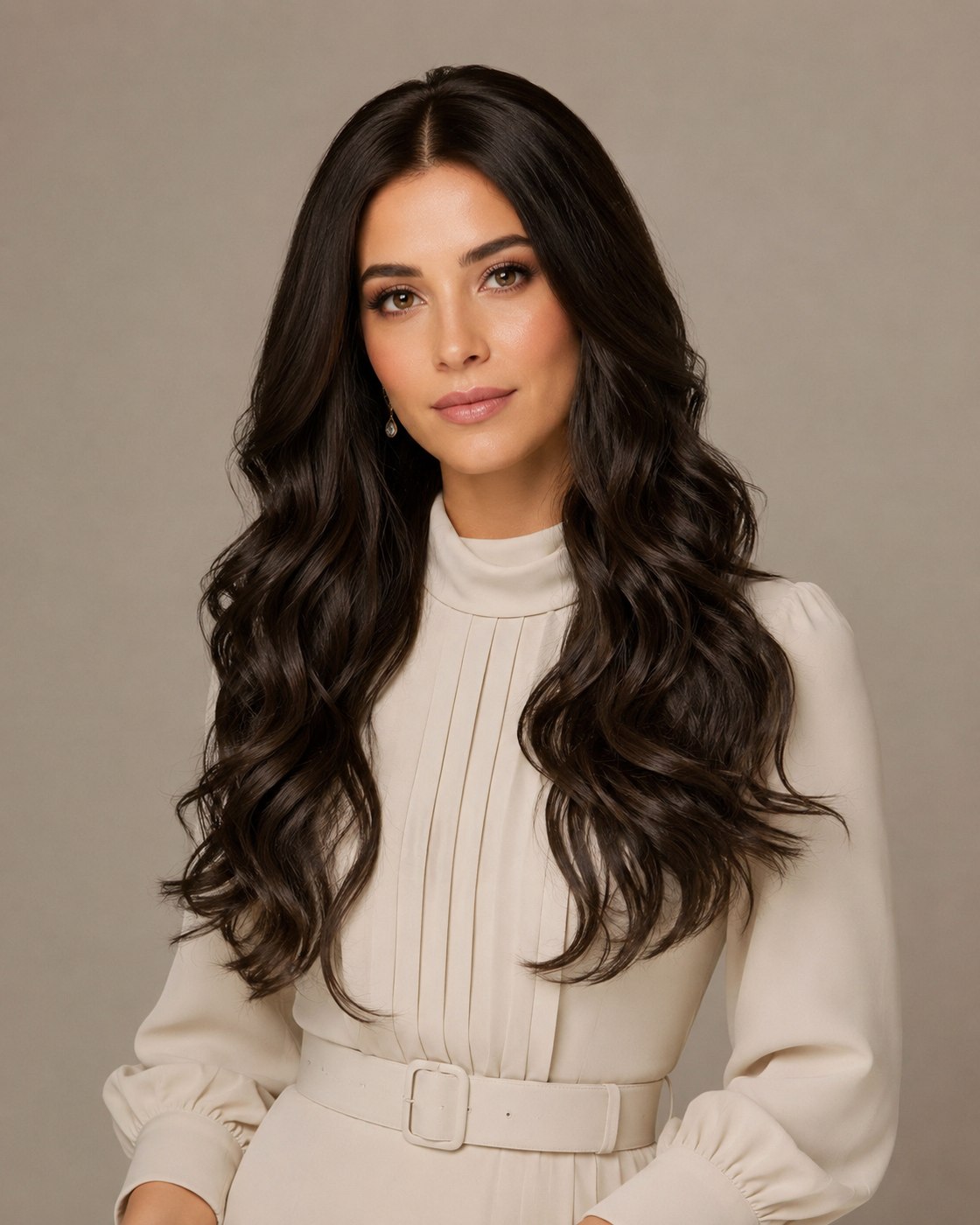Woman modeling a long dark brunette sheitel with glamorous soft waves