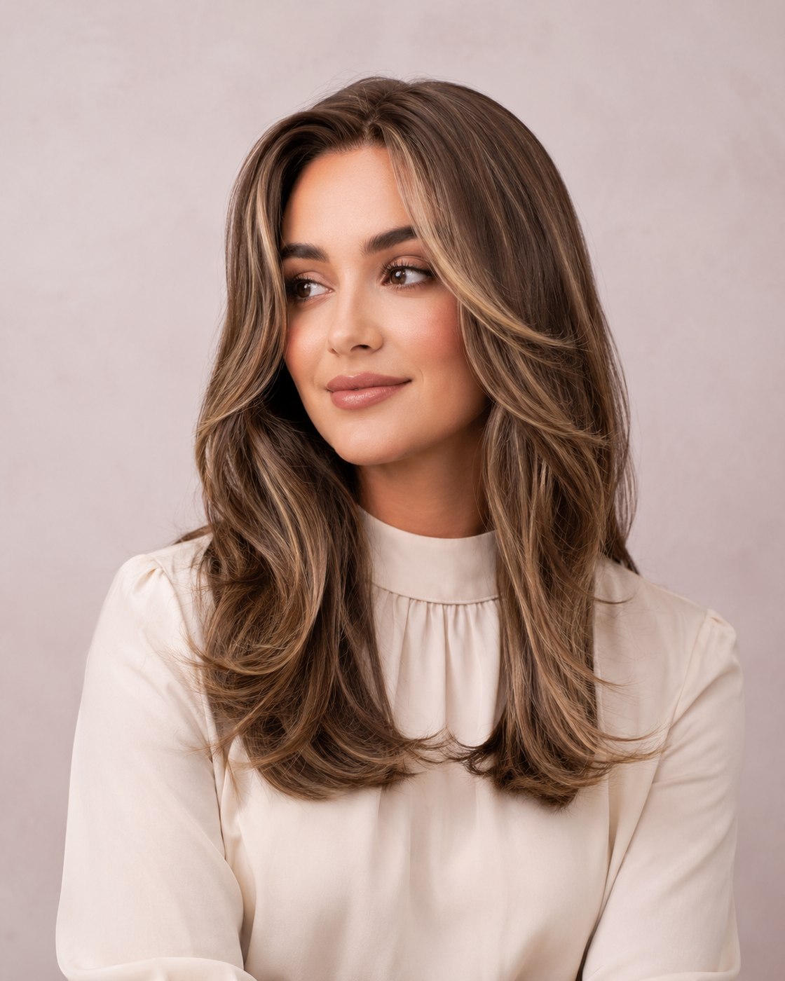 Woman modeling a highlighted brunette sheitel with long face-framing layers