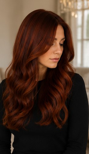 Auburn copper sheitel with glamorous, full waves