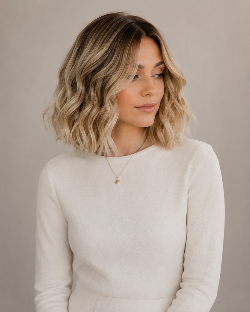 Dimensional blonde bob sheitel with soft waves