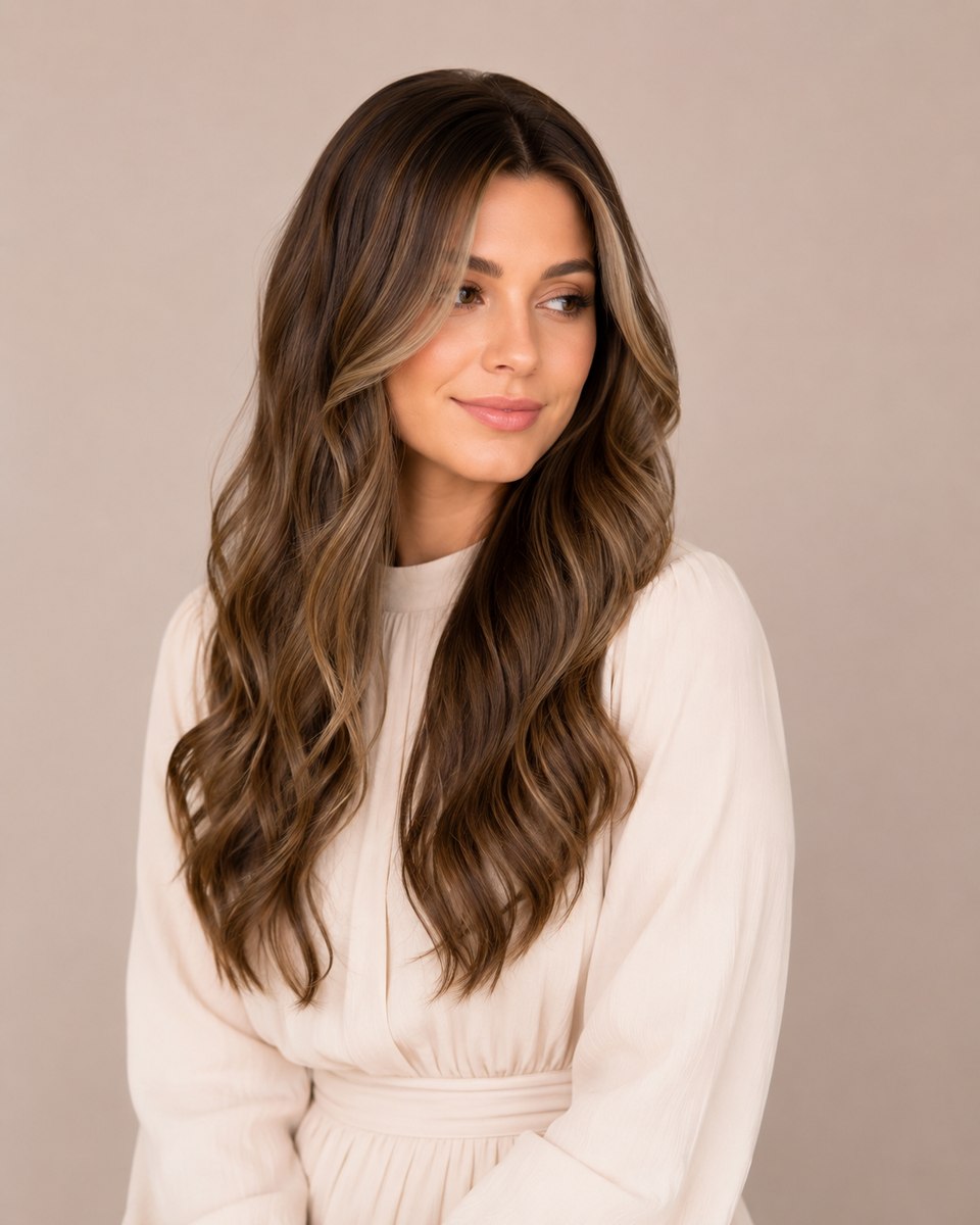 Brunette balayage sheitel with warm, dimensional waves