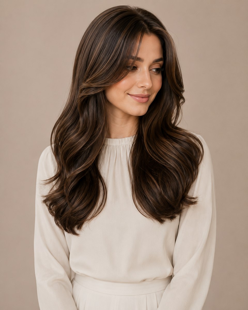 Brunette sheitel with caramel highlights and soft waves