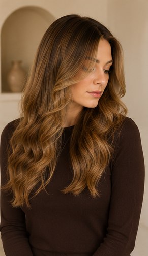 Caramel balayage sheitel with long, dimensional waves