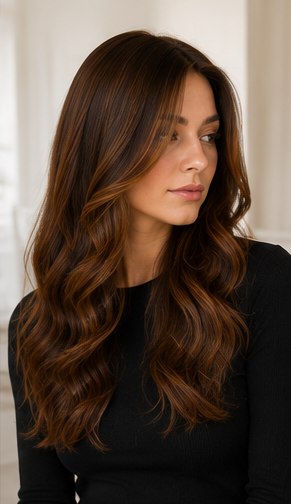 Chestnut brunette sheitel with long, soft waves