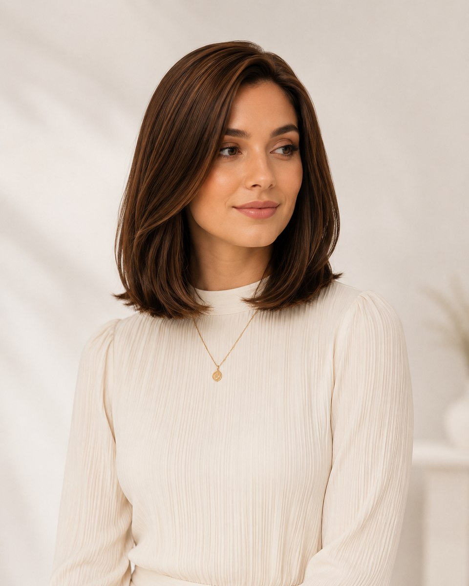 Chocolate brunette sheitel with a sleek lob length