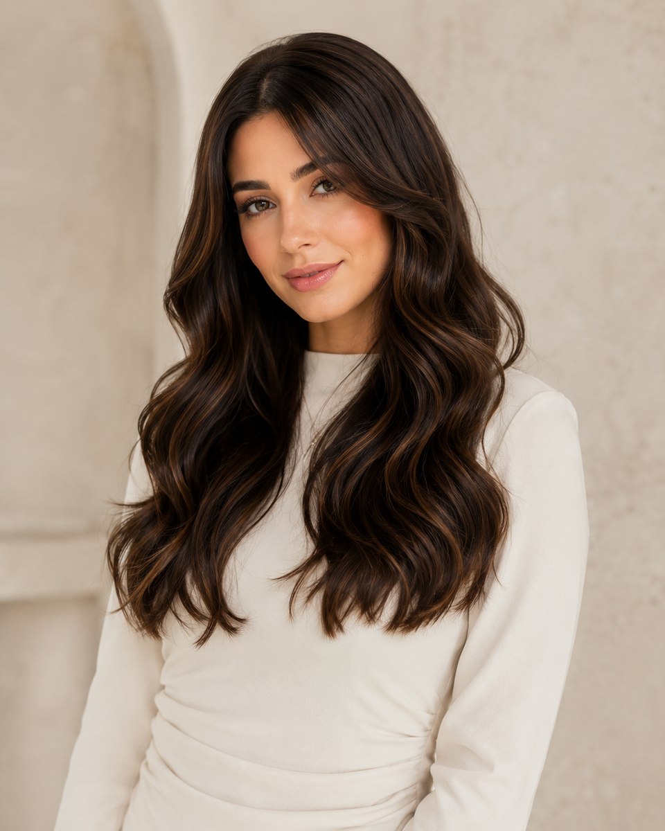 Dark brunette sheitel with caramel highlights and long waves