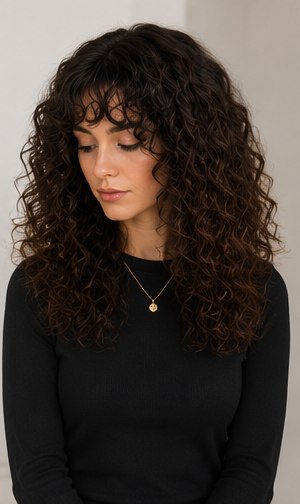 Dark brunette sheitel with soft curls and face-framing bangs