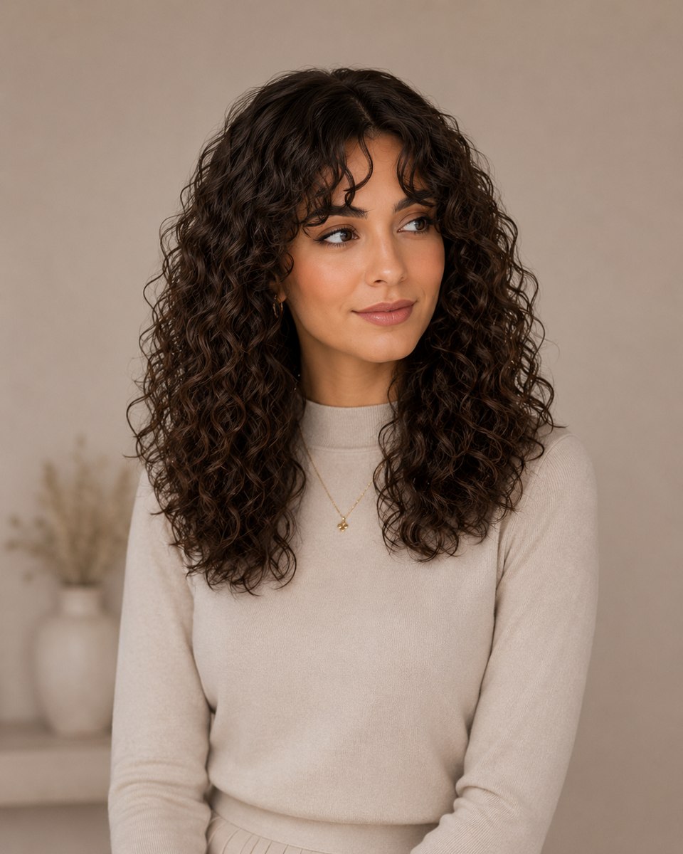 Dark brunette sheitel with soft curls and face-framing bangs