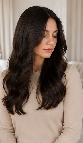 Deep brunette sheitel with long, full-volume waves