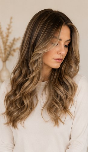 Dimensional balayage sheitel transitioning from brunette to blonde with long waves