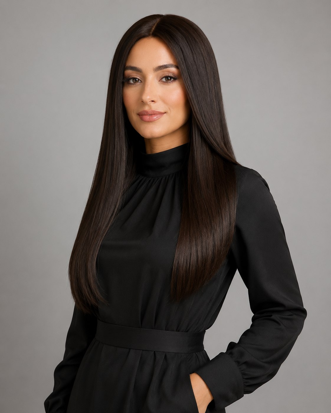 Sleek, deep espresso sheitel with polished straight movement