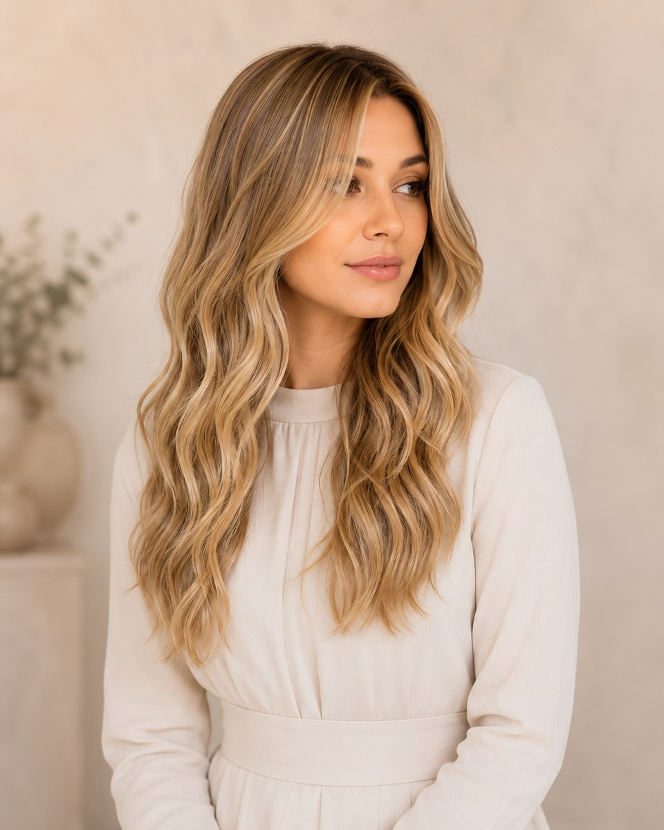 Golden blonde sheitel with long, soft waves