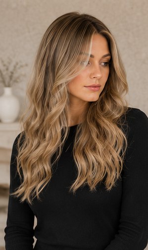 Honey blonde sheitel with long, natural waves