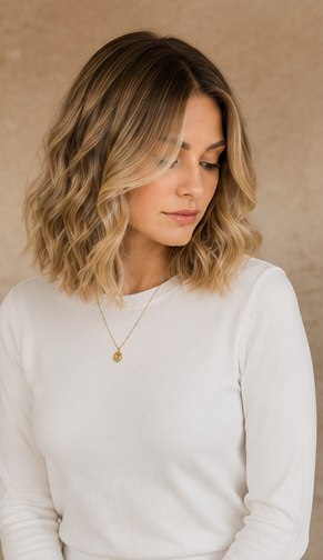 Rooted blonde sheitel with a textured, wavy lob length