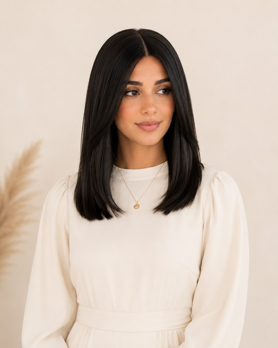 Soft black blunt lob sheitel with a sleek, polished finish