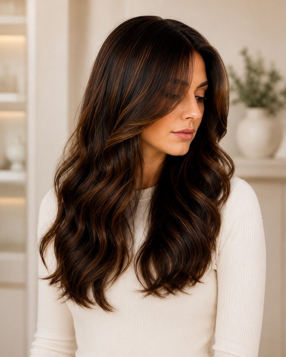 Woman modeling a brunette wig with caramel balayage and soft, long waves