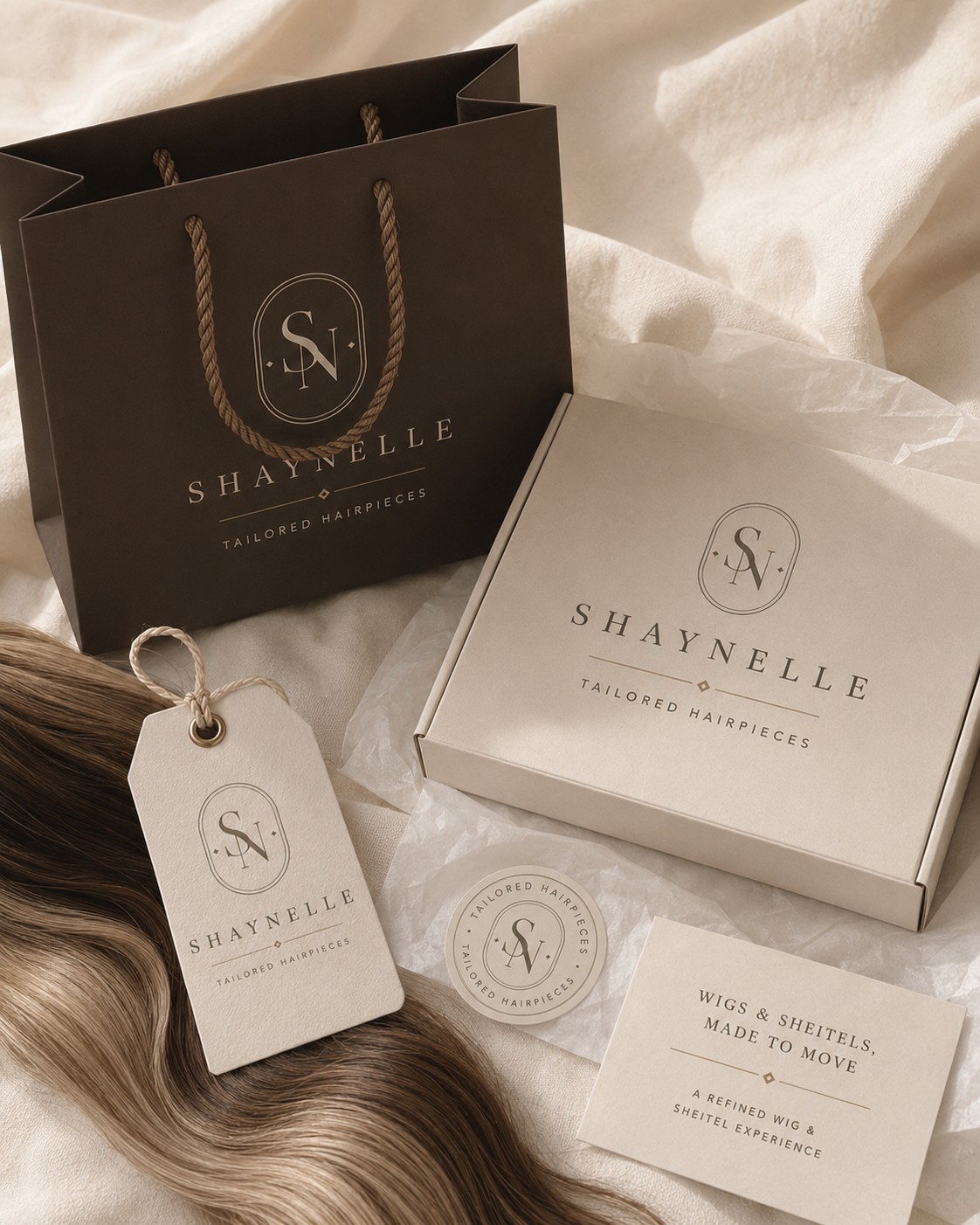 Shaynelle packaging: shopping bag, box, hang tag, and card together
