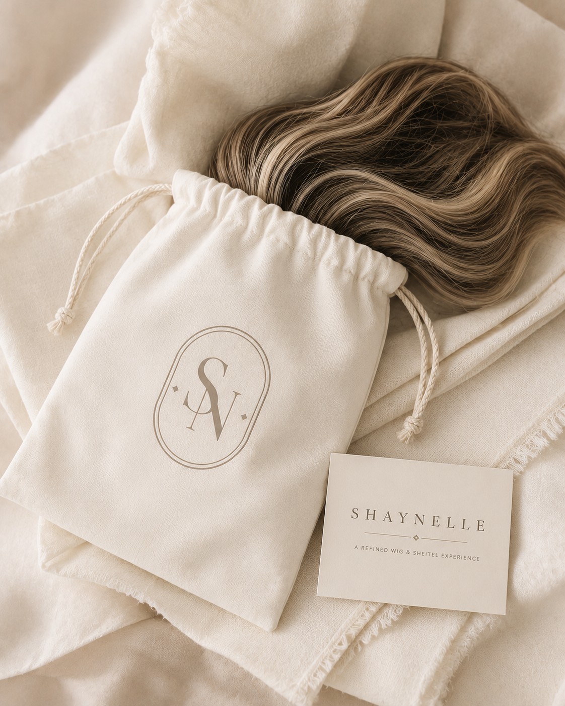 Shaynelle silk drawstring storage bag with a wig resting beside it