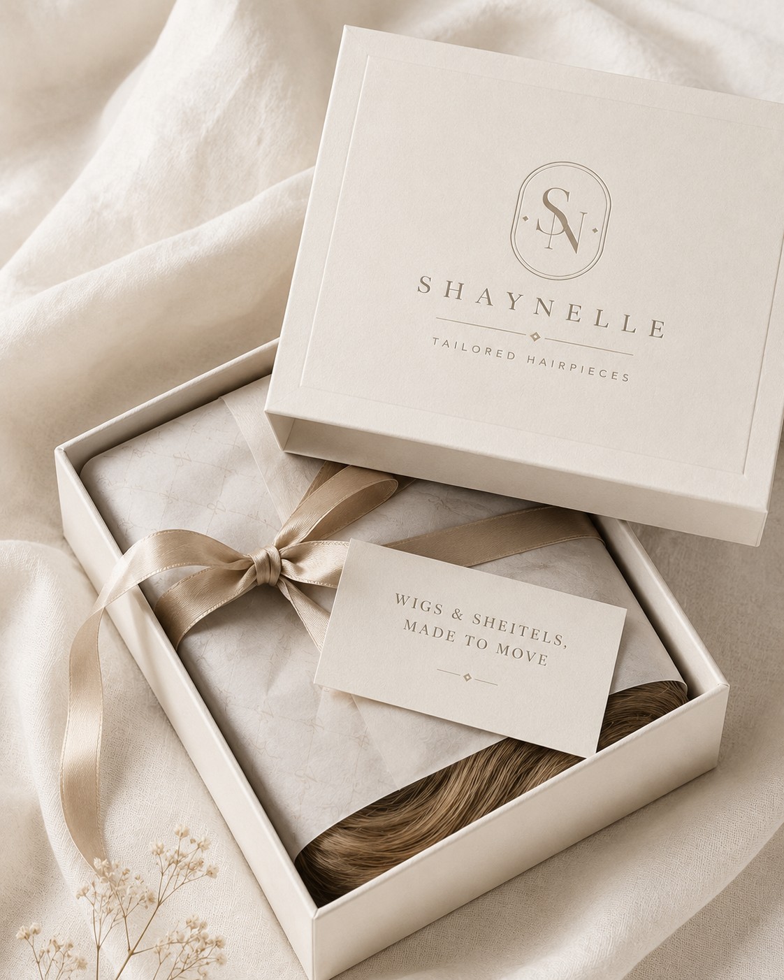 Shaynelle gift box with a ribbon-tied piece inside