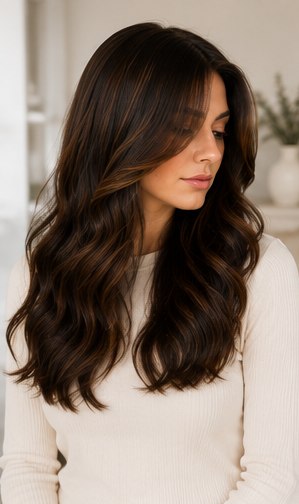 Woman modeling a dark brunette sheitel with soft, freshly styled waves